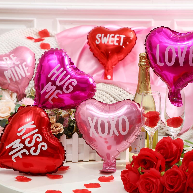 Jexine 96 Pcs Valentine's Day Heart Balloon Heart Shape Foil Balloons Love Be Mine Hug Me Sweet 10 Inch Balloons for Valentine Party Wedding Birthday Anniversary Engagement Decorations, 6 Styles - Image 4
