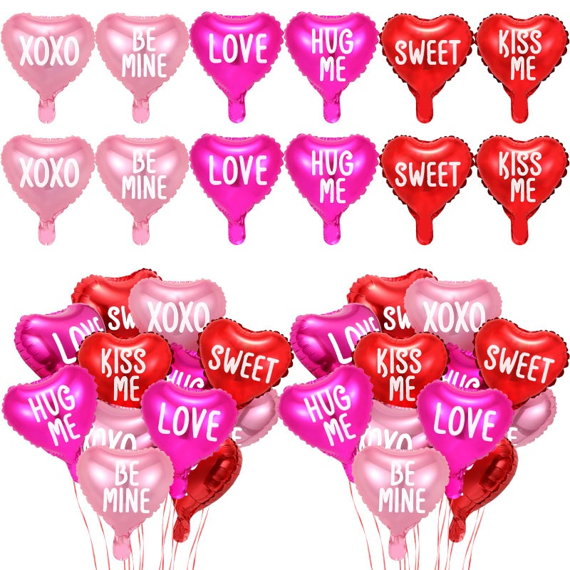 Jexine 96 Pcs Valentine's Day Heart Balloon Heart Shape Foil Balloons Love Be Mine Hug Me Sweet 10 Inch Balloons for Valentine Party Wedding Birthday Anniversary Engagement Decorations, 6 Styles - Image 1