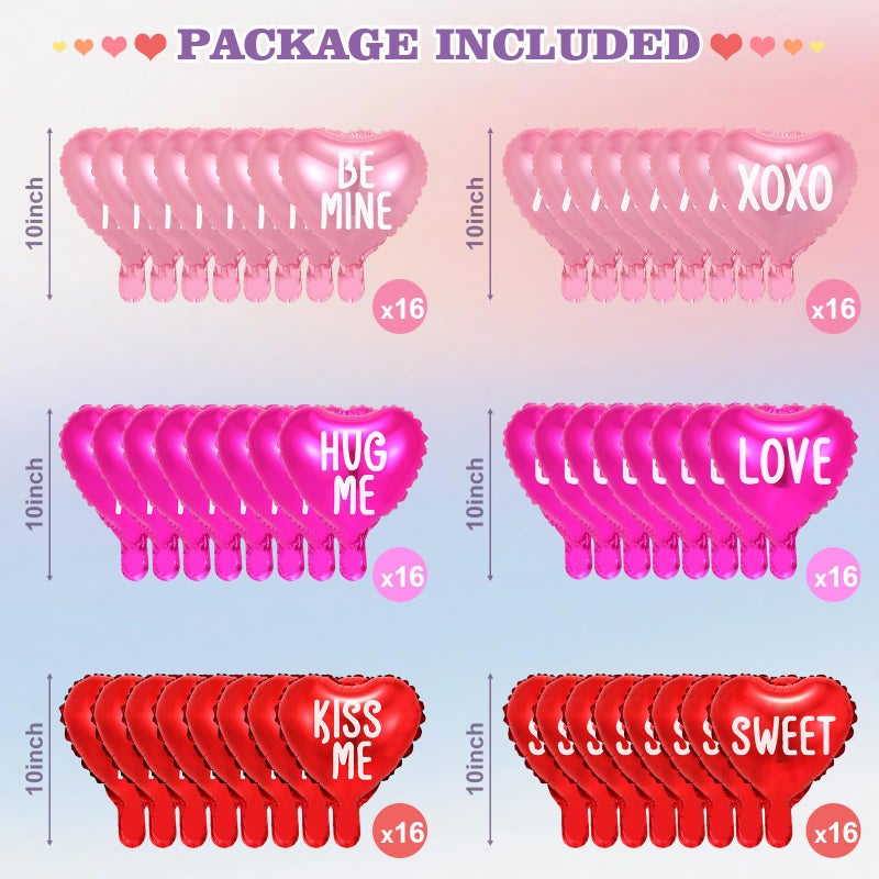 Jexine 96 Pcs Valentine's Day Heart Balloon Heart Shape Foil Balloons Love Be Mine Hug Me Sweet 10 Inch Balloons for Valentine Party Wedding Birthday Anniversary Engagement Decorations, 6 Styles - Image 2
