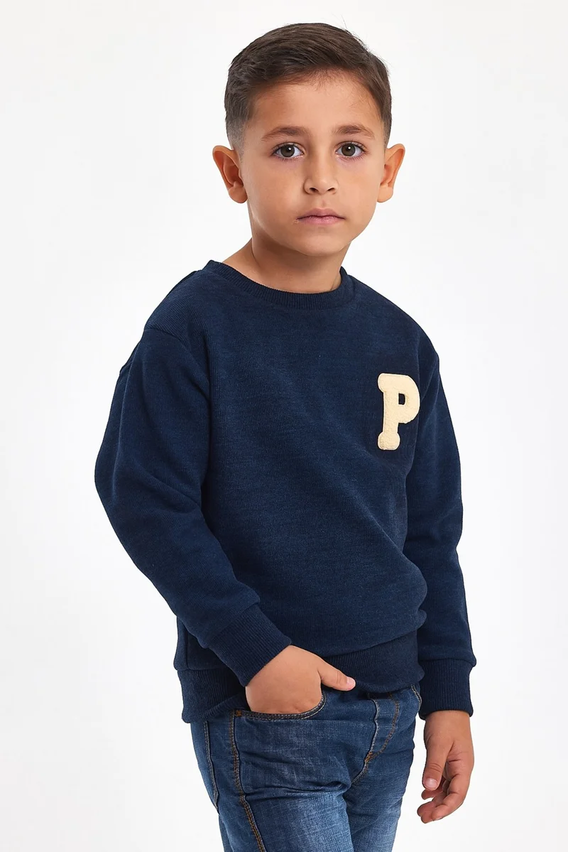 Mrs & Kids 3D Embroidered Navy Blue Wool and Cotton Winter Crew Neck Children's Men's Sweatshirt
