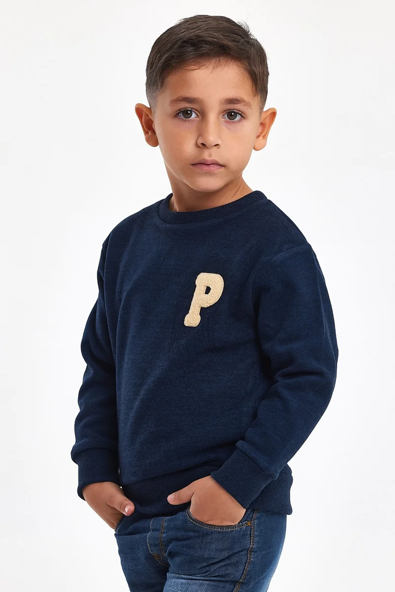 Mrs & Kids 3D Embroidered Navy Blue Wool and Cotton Winter Crew Neck Children's Men's Sweatshirt