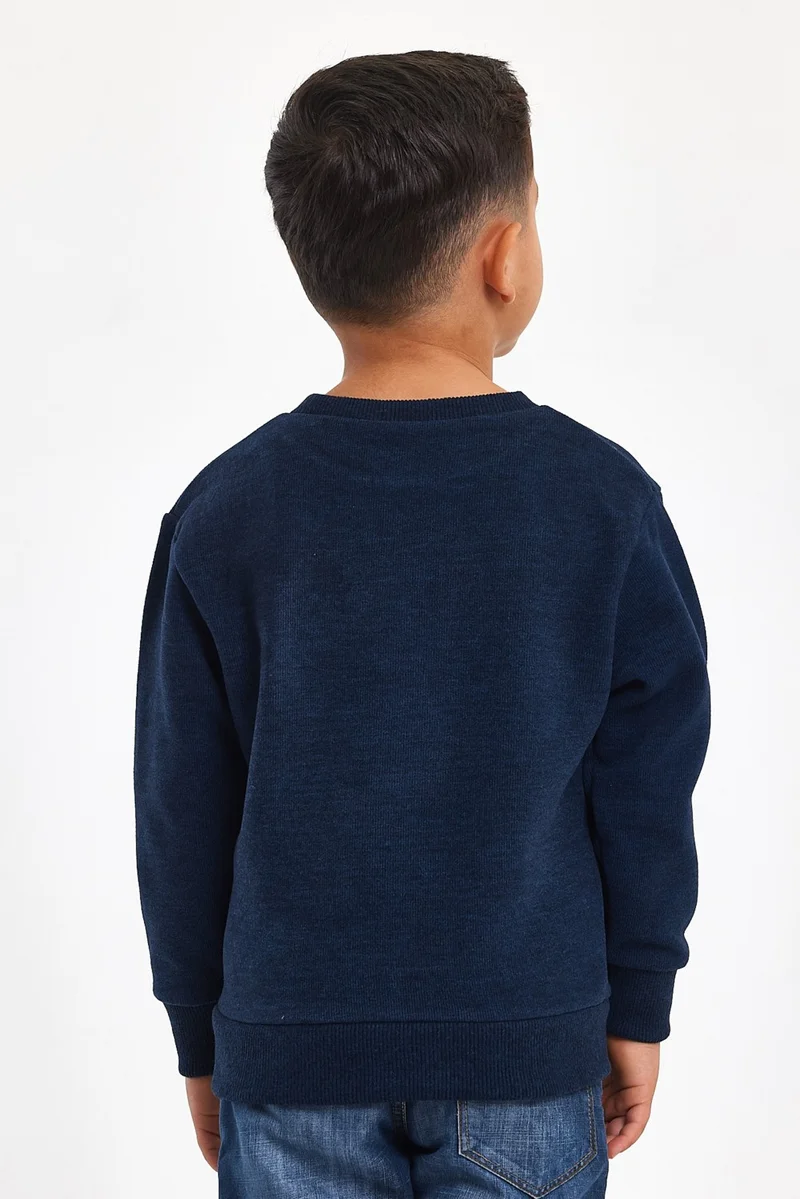 Mrs & Kids 3D Embroidered Navy Blue Wool and Cotton Winter Crew Neck Children's Men's Sweatshirt