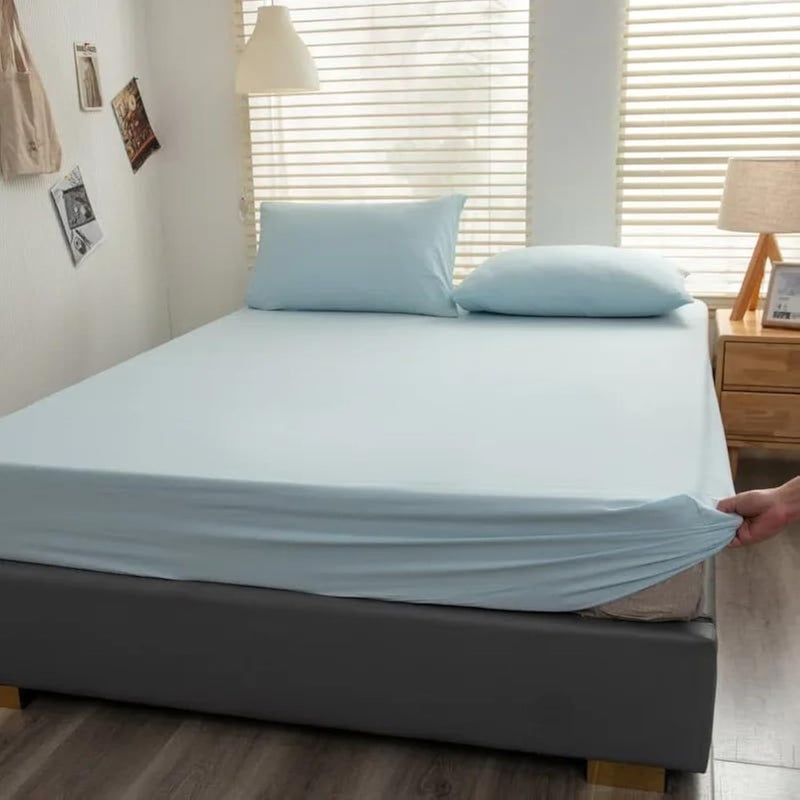 QBED Plain Fitted Sheet Set for Hotels, Homes & Touristic Villages 3 Pieces (Baby Blue, 160 * 200 * 30 cm)