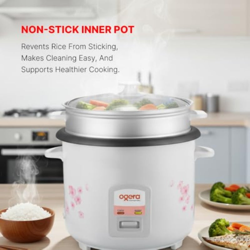 Rice Cooker for home kitchen use Non-stick coated aluminum pot White with floral design 2.2L capacity, cook warm functions, glass lid, 2-year warranty - Image 4