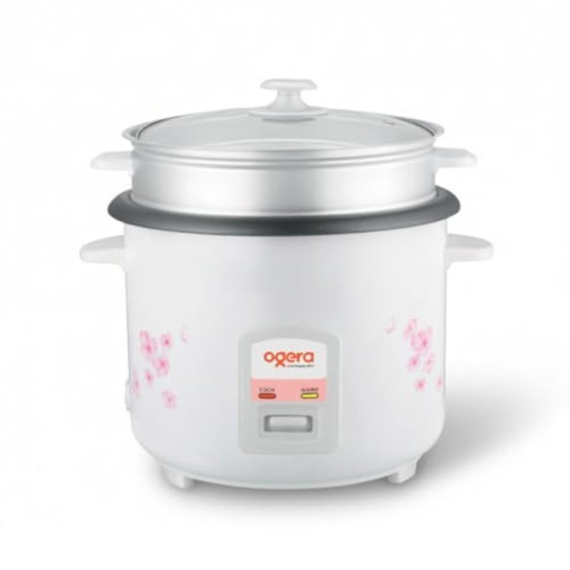Rice Cooker for home kitchen use Non-stick coated aluminum pot White with floral design 2.2L capacity, cook warm functions, glass lid, 2-year warranty - Image 1
