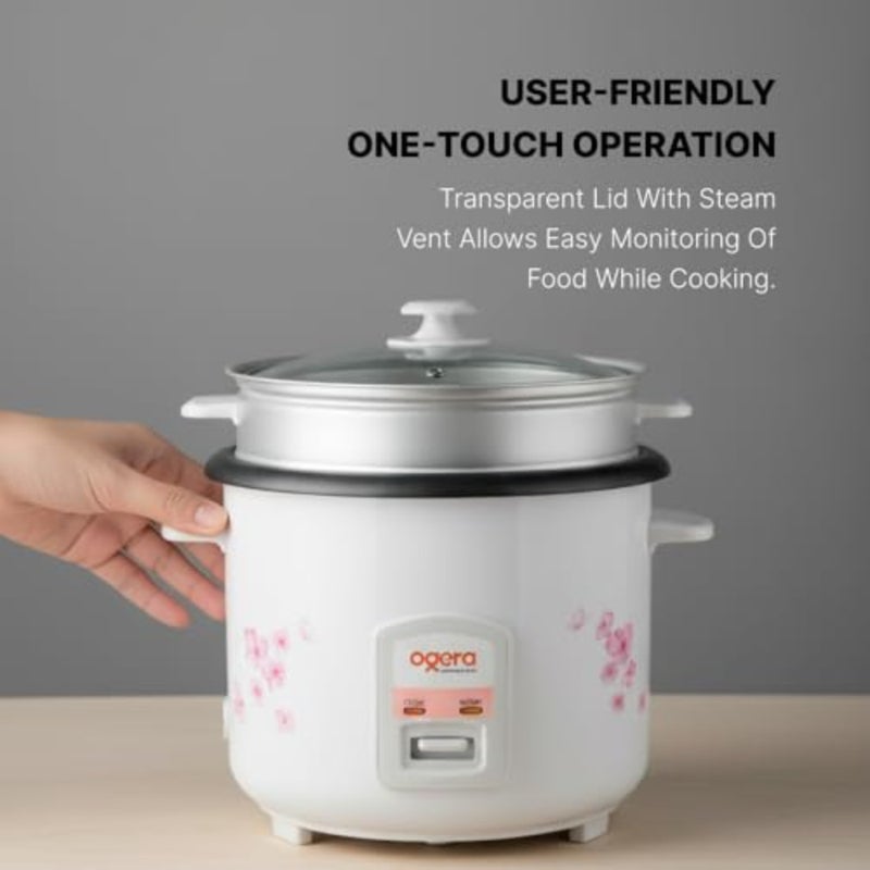 Rice Cooker for home kitchen use Non-stick coated aluminum pot White with floral design 2.2L capacity, cook warm functions, glass lid, 2-year warranty - Image 5