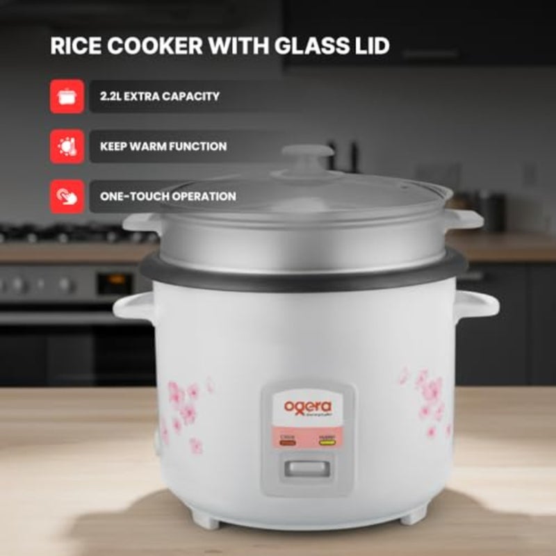 Rice Cooker for home kitchen use Non-stick coated aluminum pot White with floral design 2.2L capacity, cook warm functions, glass lid, 2-year warranty - Image 2