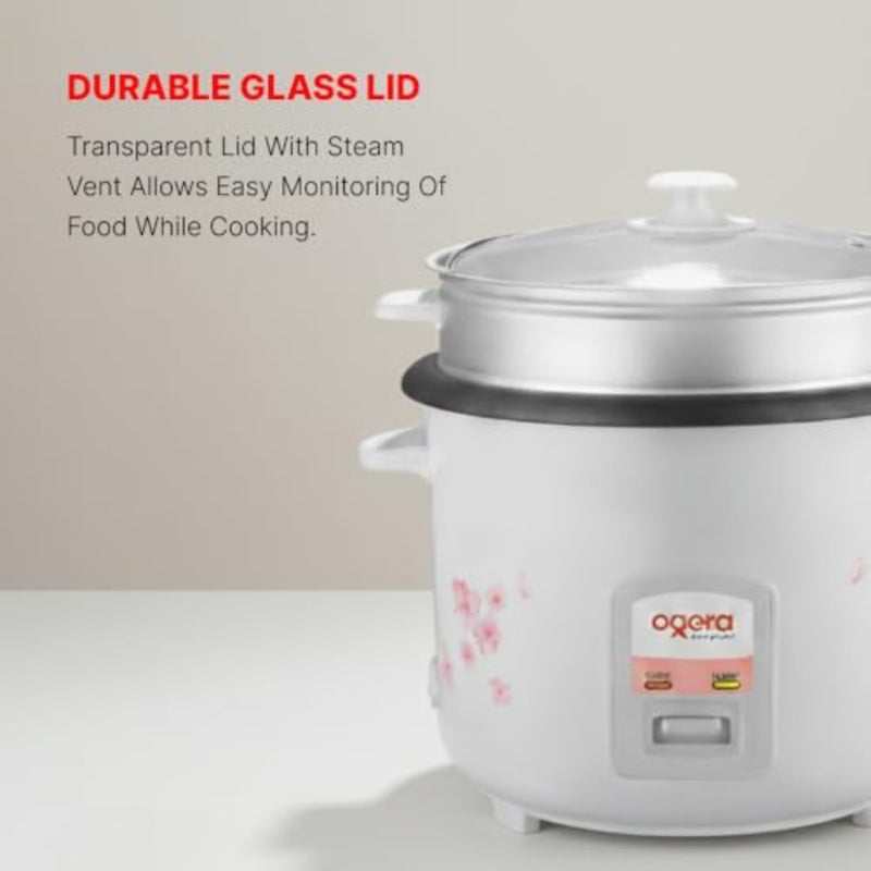 Rice Cooker for home kitchen use Non-stick coated aluminum pot White with floral design 2.2L capacity, cook warm functions, glass lid, 2-year warranty - Image 3