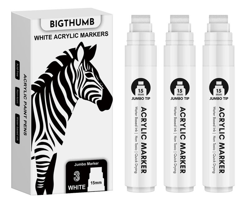 BIGTHUMB Thick White Jumbo Poster Markers: 3 Pcs 15mm Wide Tip Large Acrylic Paint Pens Big Permanent Markers Calligraphy Marker for Rock Painting, Sign, Canvas, Glass, Wood, Ceramic - Image 1