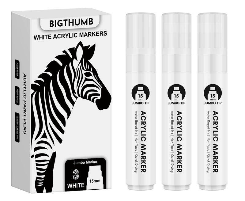 BIGTHUMB Thick White Jumbo Poster Markers: 3 Pcs 15mm Wide Tip Large Acrylic Paint Pens Big Permanent Markers Calligraphy Marker for Rock Painting, Sign, Canvas, Glass, Wood, Ceramic - Image 2