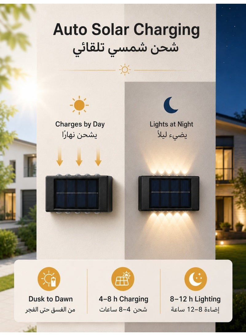 بابونا قطعتان من مصابيح سياج الطاقة الشمسية، مصابيح حائط LED خارجية تعمل بالطاقة الشمسية، مصابيح استشعار ليلية آمنة مقاومة للماء IP65 للممر والشرفة والفناء والجراج والحديقة والسياج والرصيف والممر ومصابيح الحائط الشمسية - مصابيح تخييم خارجية مع 10 مصابيح LED، إضاءة دافئة للفناء والشارع والمناظر الطبيعية وديكور الحديقة - Image 3