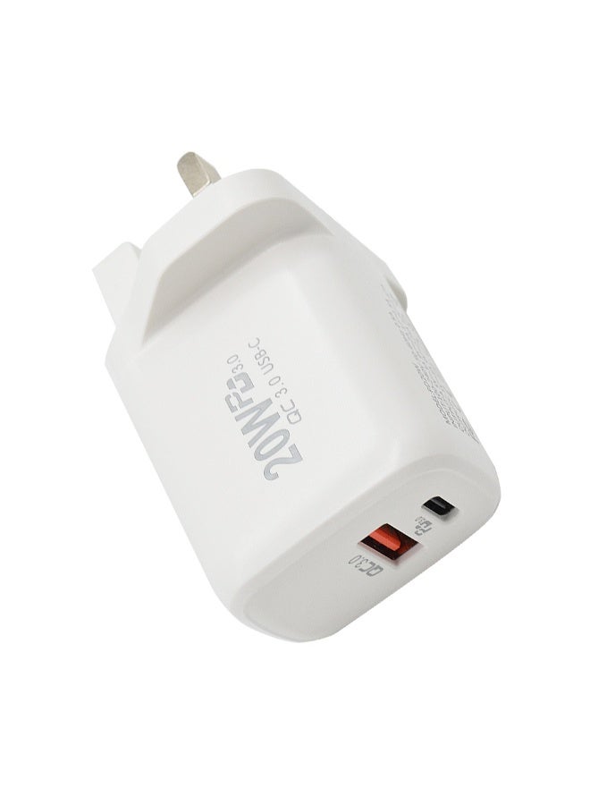 شاحن حائط سريع 20 واط، منفذ مزدوج (Type-C و USB-A)، محول طاقة بمقبس بريطاني، معتمد من UKCA - Image 1