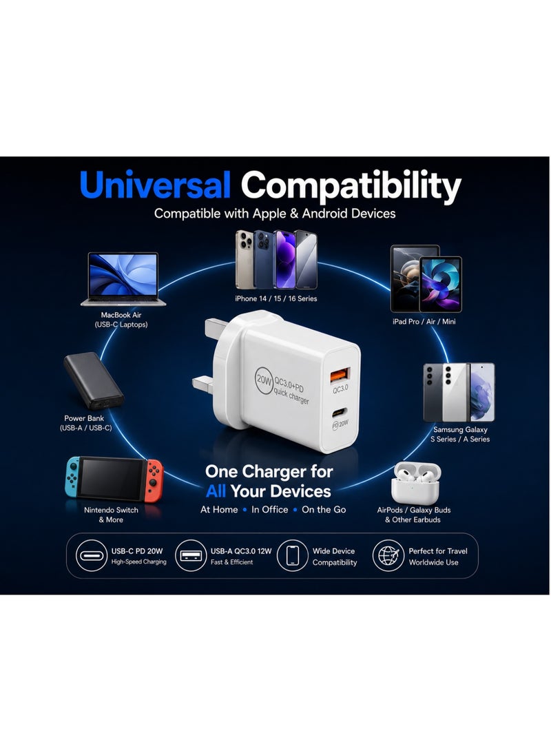 شاحن حائط سريع 20 واط، منفذ مزدوج (Type-C و USB-A)، محول طاقة بمقبس بريطاني، معتمد من UKCA - Image 5