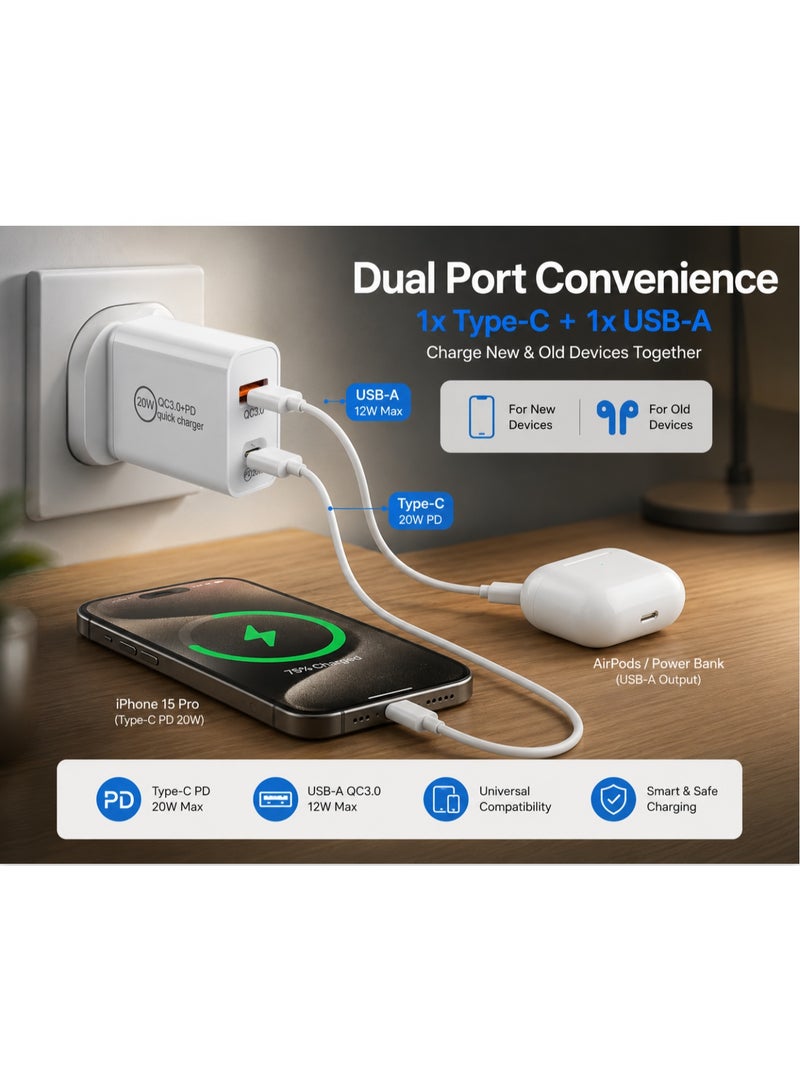 شاحن حائط سريع 20 واط، منفذ مزدوج (Type-C و USB-A)، محول طاقة بمقبس بريطاني، معتمد من UKCA - Image 3