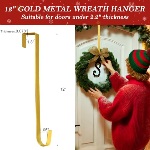 365park 12" Metal Wreath Hanger for Front Door, Tools-Free Wreath Hanger Heavy Duty, Over-the-Door Hooks for Hanging Welcome Sign, Wreath Holder for Easter, Halloween, Fall, Christmas Decorations(Gold) - Image 2