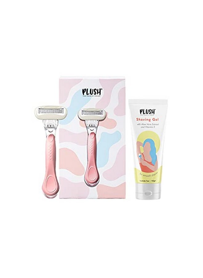 Plush Shaving Kit For Women With 5-Blade Body Razor + Natural Shaving Gel With Aloe Vera & Vitamin E Extracts 100Gm | Easy, Safe Body Hair Removal | No Bumps, No Cuts | For All Skin Types | Prevent Razor-Burns  - Image 1