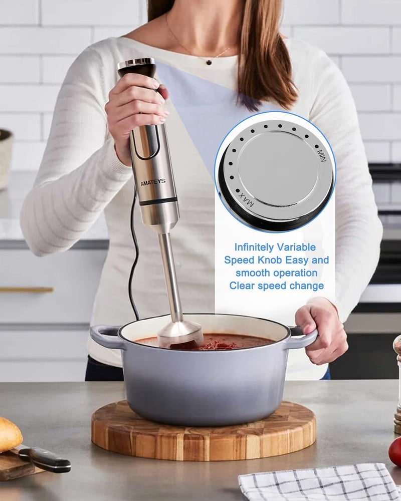 Amateys Handblender with Plug,Immersion Blender Handheld, Heavy-Duty Copper Motor, Detachable Stainless Blade Dishwasher Safe, 2 Modes with Pulse,Infinitely Variable Speed, Space-Saving Design - Image 2