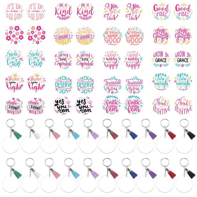 ACRYLIC KEYCHAIN BLANKS STICKERS 40PCS INSPIRATIONAL UV DTF TRANSFER STICKERS 20PCS CLEAR ACRYLIC BLANKS KEYCHAIN TASSELS RINGS JUMP RINGS FOR DIY KEYCHAIN CRAFTS