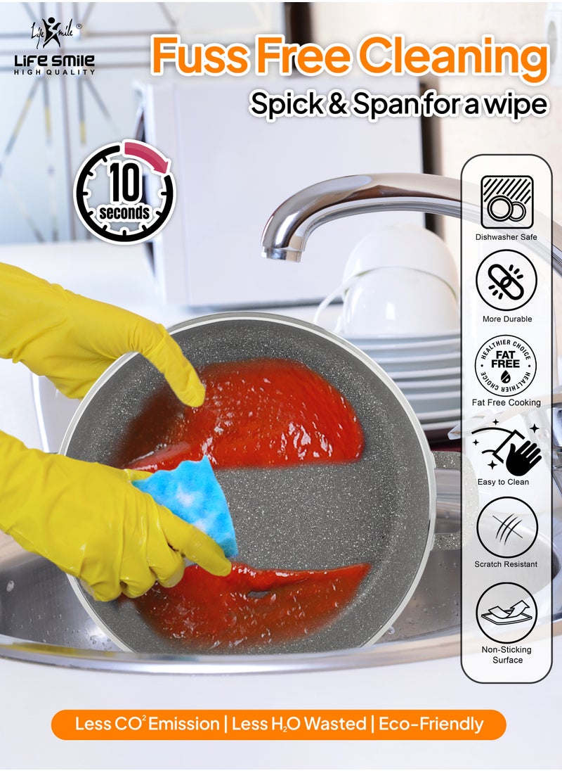 Life Smile - 24/28/32cm Non Stick Cookware Set - Shallow Pots Set with Lid Non Stick PFOA FREE Granite Coating Frying Pans set | Kitchen Cooking Pots Oven Safe | Double Handles Grey - Image 1