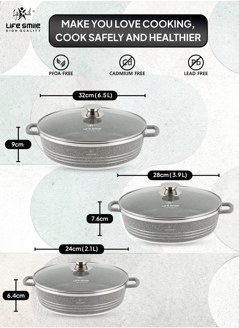 Life Smile - 24/28/32cm Non Stick Cookware Set - Shallow Pots Set with Lid Non Stick PFOA FREE Granite Coating Frying Pans set | Kitchen Cooking Pots Oven Safe | Double Handles Grey - Image 1