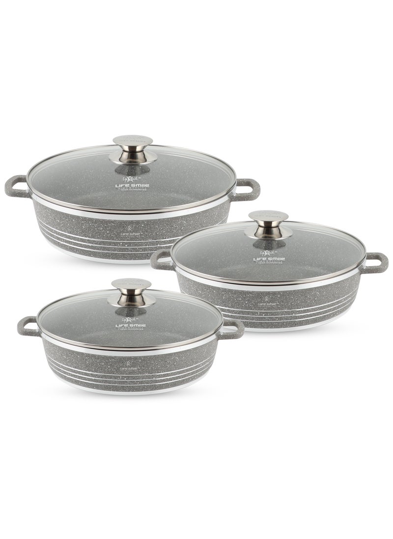 Life Smile - 24/28/32cm Non Stick Cookware Set - Shallow Pots Set with Lid Non Stick PFOA FREE Granite Coating Frying Pans set | Kitchen Cooking Pots Oven Safe | Double Handles Grey - Image 1