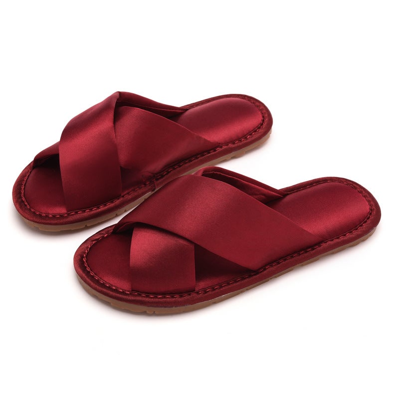 Wedding slippers Festive couple red female wedding bridesmaid hand gift morning gown light luxury slippers high-grade summerCross belt solid color wine red Cross belt solid color wine red 