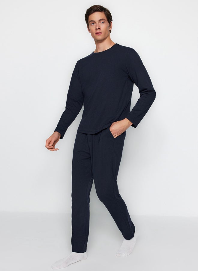trendyol Navy Blue Regular Fit Knitted Pajamas Set - Image 2