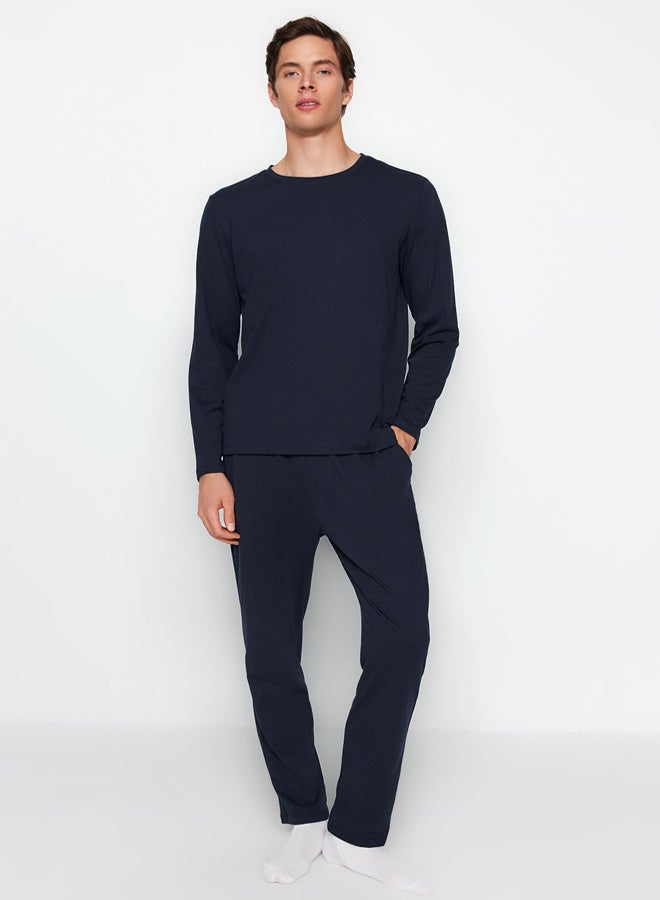 trendyol Navy Blue Regular Fit Knitted Pajamas Set - Image 1