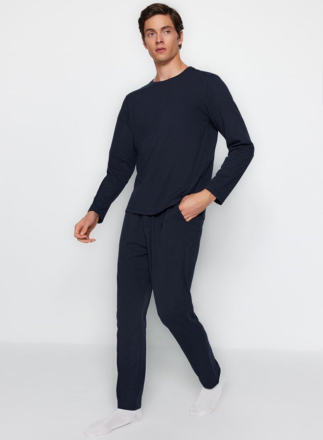 trendyol Navy Blue Regular Fit Knitted Pajamas Set - Image 2