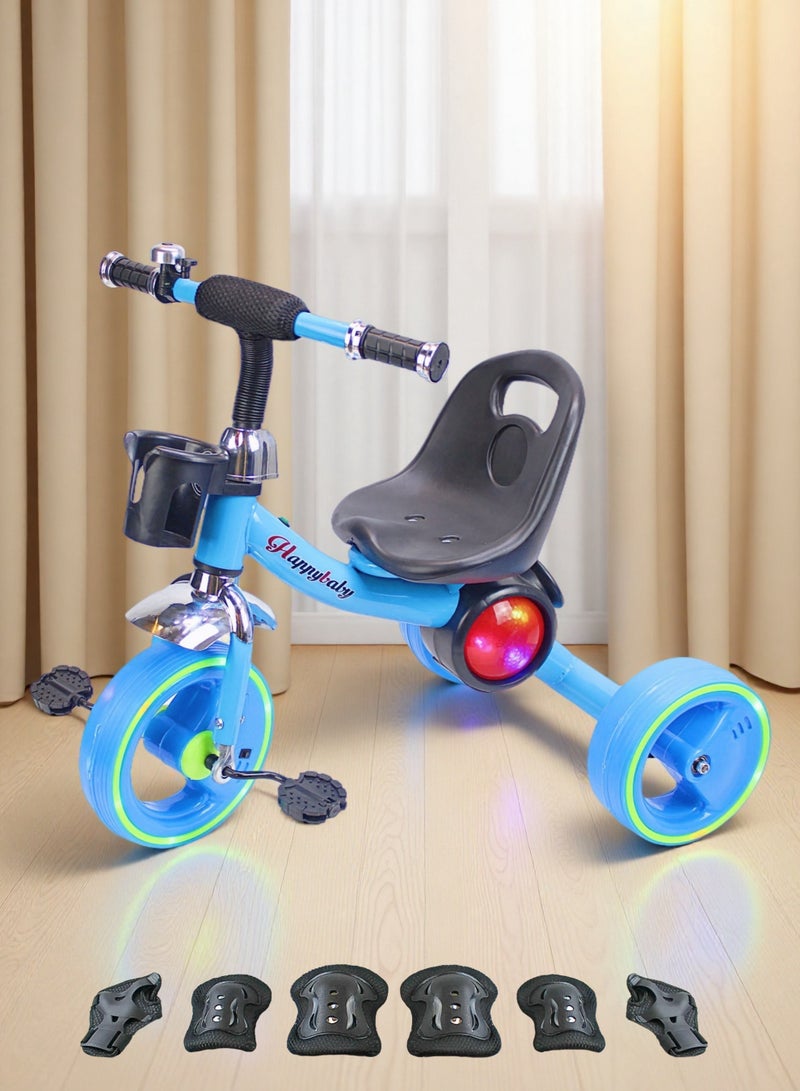 إيزي فيتشور دراجة ثلاثية العجلات للأطفال من إيزي فيوتشر مزودة بإضاءة ليد وموسيقى وسلة تخزين (أحمر/أزرق/وردي) تتضمن العبوة مجموعة معدات حماية - Image 1