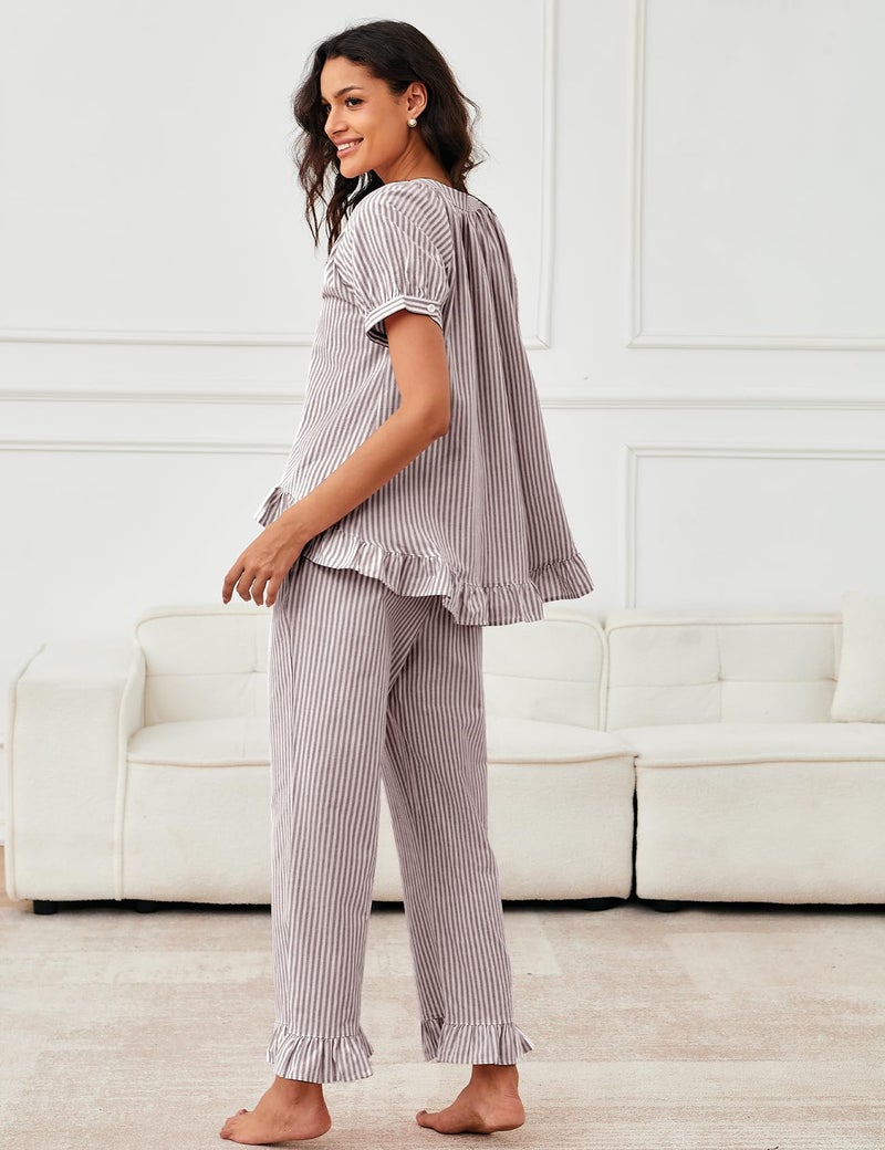 Flygo Womens Striped Pajama Sets 2 Piece Cotton Pjs Lounge Set Ruffle Button Down Tops Long Pants Soft Sleepwear with Pockets(Coffee-M) - Image 4