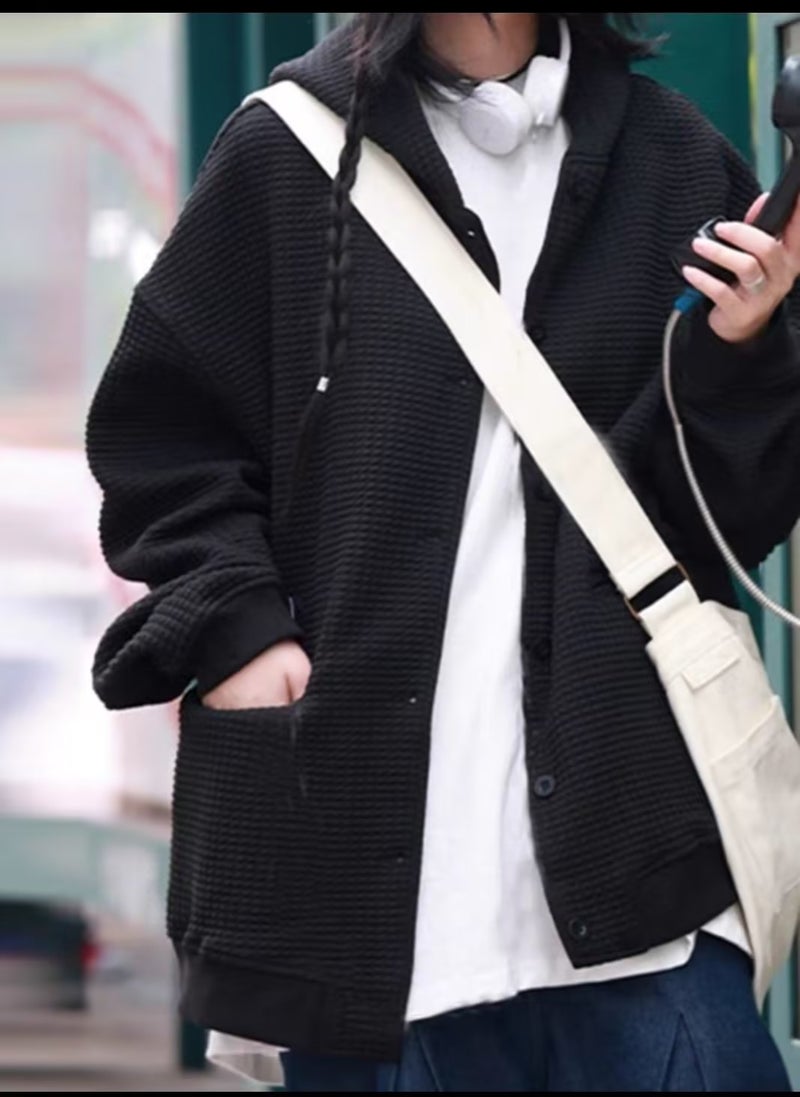 Mens Waffle Knit Hooded Cardigan Vintage Oversize Black  - Image 1