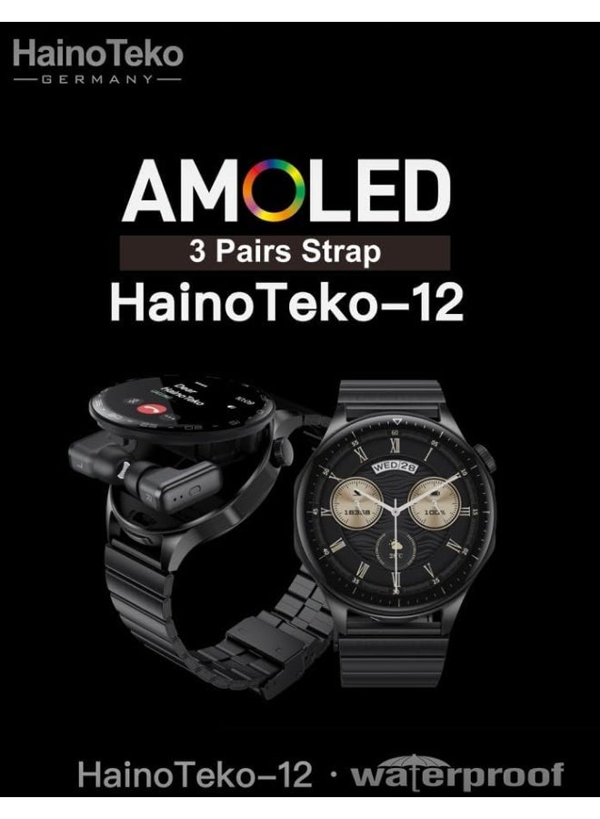 هينو تيكو ساعة ذكية HainoTeko HainoTeko12 مع سماعات لاسلكية مدمجة، مقاومة للماء، شاشة AMOLED، 3 أحزمة، ساعة لياقة ومكالمات للرجال – أسود - Image 2