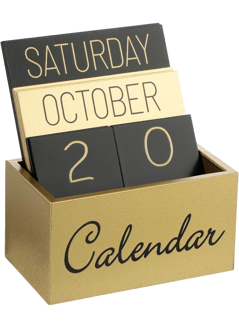 Queekay Vintage Wooden Desk Perpetual Calendar Wood Blocks Calendar Desktop Calendar Month Week Date Display Accessories for Desk Office Home Decoration Black Gold  - Image 1