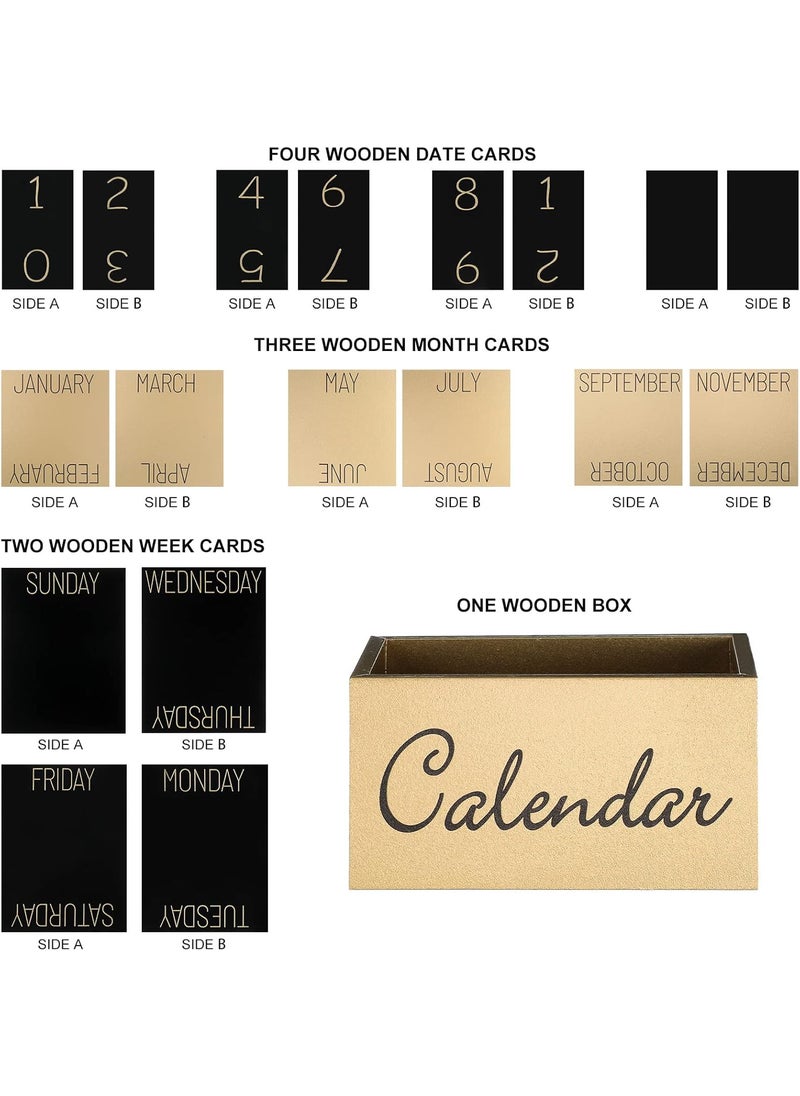 Queekay Vintage Wooden Desk Perpetual Calendar Wood Blocks Calendar Desktop Calendar Month Week Date Display Accessories for Desk Office Home Decoration Black Gold  - Image 2
