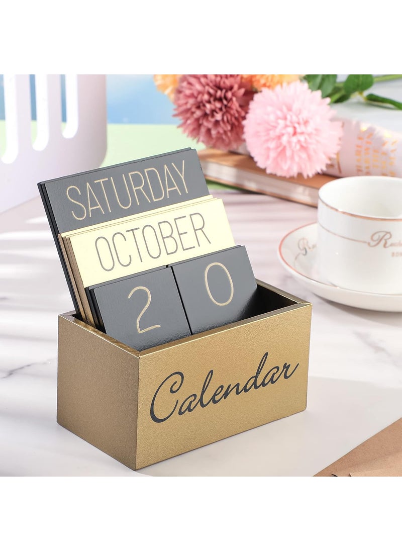 Queekay Vintage Wooden Desk Perpetual Calendar Wood Blocks Calendar Desktop Calendar Month Week Date Display Accessories for Desk Office Home Decoration Black Gold  - Image 3