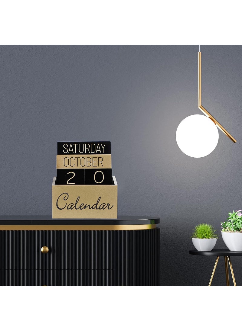 Queekay Vintage Wooden Desk Perpetual Calendar Wood Blocks Calendar Desktop Calendar Month Week Date Display Accessories for Desk Office Home Decoration Black Gold  - Image 5