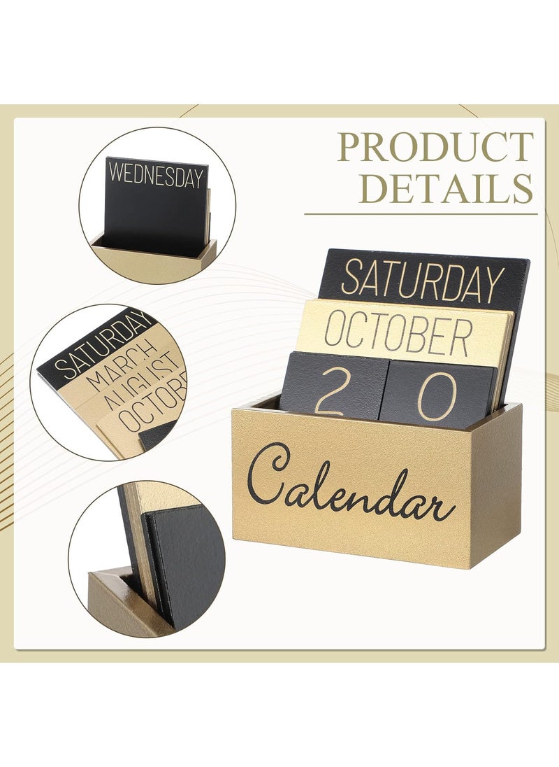 Queekay Vintage Wooden Desk Perpetual Calendar Wood Blocks Calendar Desktop Calendar Month Week Date Display Accessories for Desk Office Home Decoration Black Gold  - Image 4