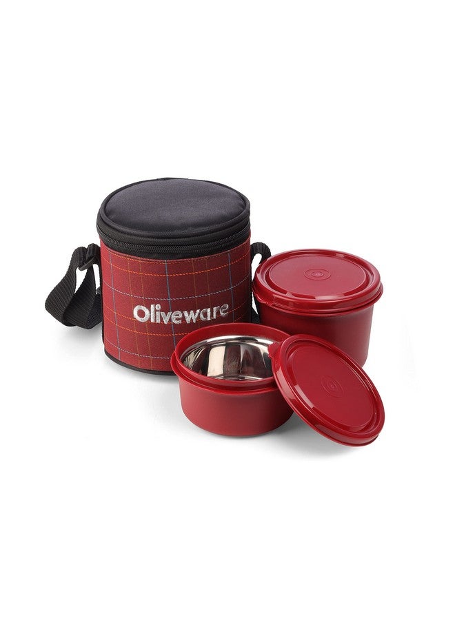 SOPL-OLIVEWARE علبة غداء أوليف وير كليو، آمنة في الميكروويف ومضادة للتسرب، 2 حاويات داخلية من الفولاذ مع أغطية محكمة خالية من BPA (450 مل و 600 مل)، حقيبة قماش (حمراء) - Image 1