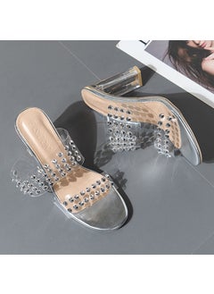 European Style Womens Shoes Spring Summer Soft Transparent Rhinestone Fashionable Square Head One-Row Lace Up High Heel Slipper Liu Ding