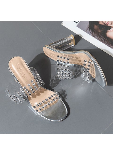 European Style Womens Shoes Spring Summer Soft Transparent Rhinestone Fashionable Square Head One-Row Lace Up High Heel Slipper Liu Ding