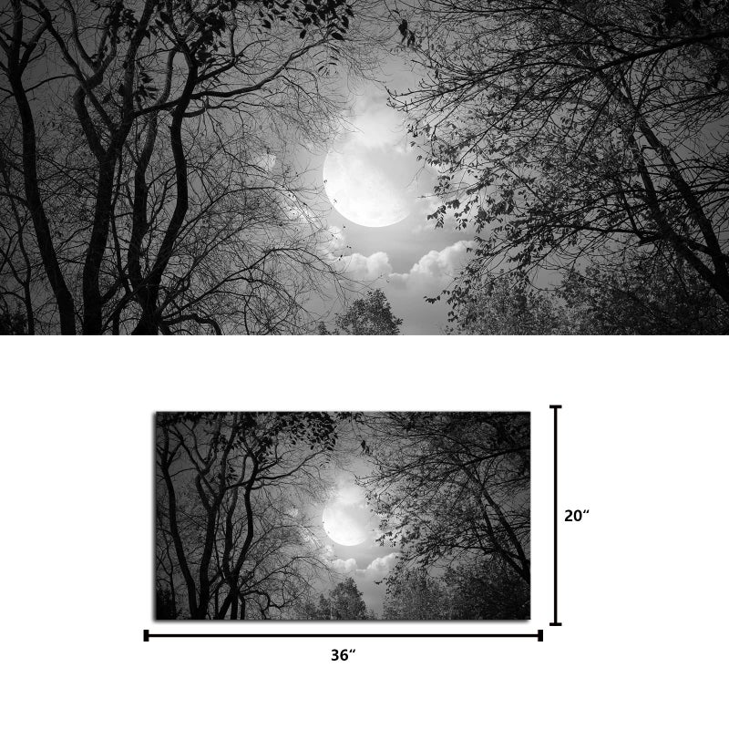 Visual Art Decor Black and White Full Moon Picture Wall Decor Nature Forest Landscape Wall Art Night Scenery Art Print Framed Ready to Hang, 20inchx36inch - Image 5