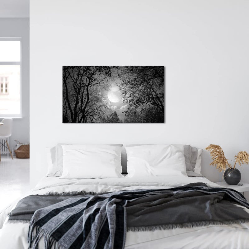 Visual Art Decor Black and White Full Moon Picture Wall Decor Nature Forest Landscape Wall Art Night Scenery Art Print Framed Ready to Hang, 20inchx36inch - Image 4