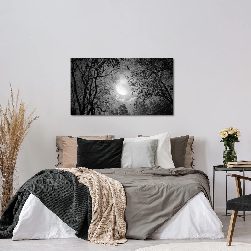 Visual Art Decor Black and White Full Moon Picture Wall Decor Nature Forest Landscape Wall Art Night Scenery Art Print Framed Ready to Hang, 20inchx36inch - Image 3