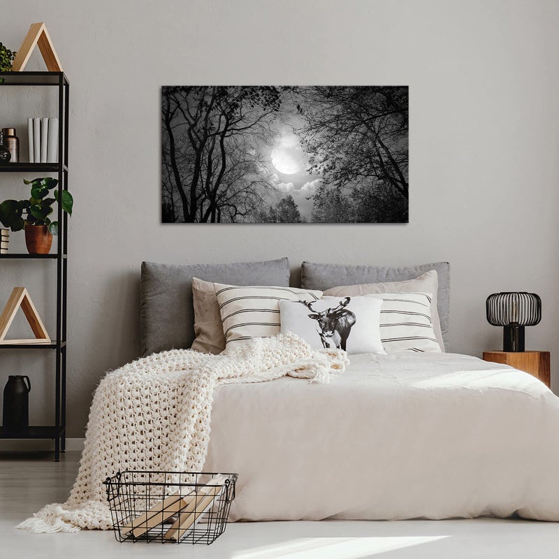 Visual Art Decor Black and White Full Moon Picture Wall Decor Nature Forest Landscape Wall Art Night Scenery Art Print Framed Ready to Hang, 20inchx36inch - Image 2
