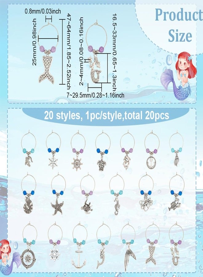 BENECREAT 20Sets Beach Theme Wine Glass Charm, Summer Mermaid Boat rudder starfish turtles conch Alloy Drink Markers Tags Identification for Stem Glass Wine Tasting Party - Image 2