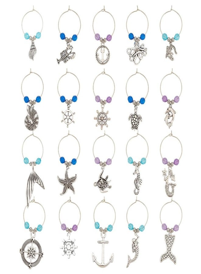 BENECREAT 20Sets Beach Theme Wine Glass Charm, Summer Mermaid Boat rudder starfish turtles conch Alloy Drink Markers Tags Identification for Stem Glass Wine Tasting Party - Image 1