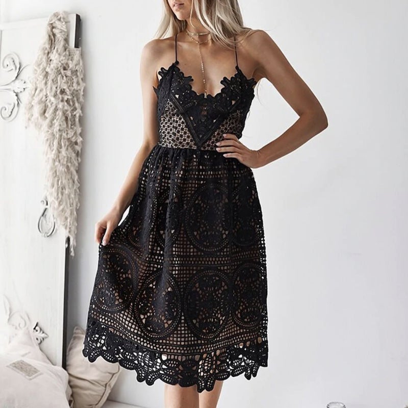 Fast Selling 2019 Foreign Trade Explosive Style Sling Lace Sexy V-Neck Leaky Back Water-soluble Dress black XL - Image 3