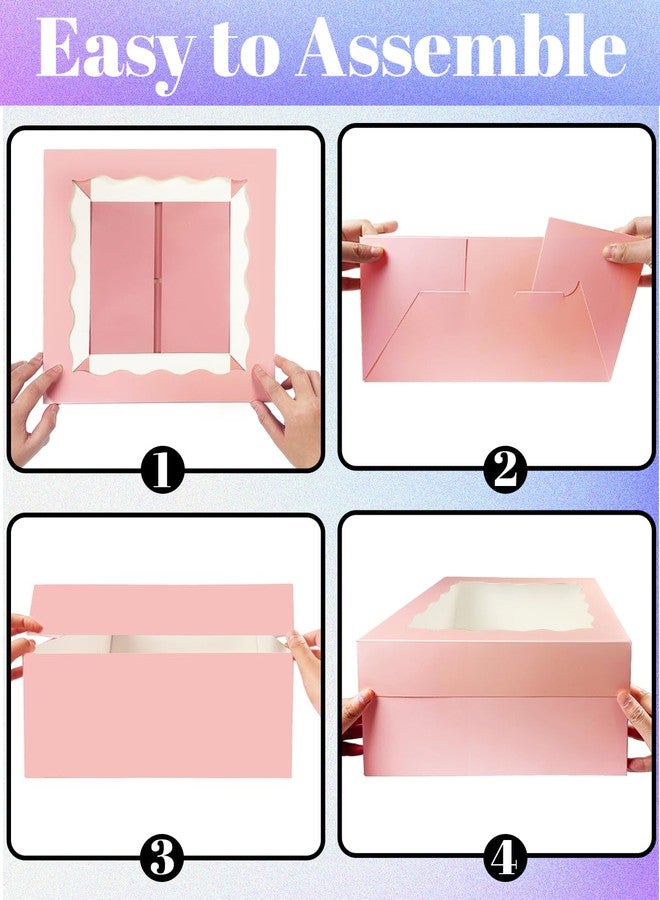 qiqee علبة كيك وردية من qiqee مقاس 10×10×8، 4 مجموعات من علب الكيك بنافذة، و4 مجموعات من ألواح الكيك المستديرة مقاس 10 بوصات، وحاويات كيك مقاس 10 بوصات، و10 أمتار من شريط حريري وردي. - Image 5