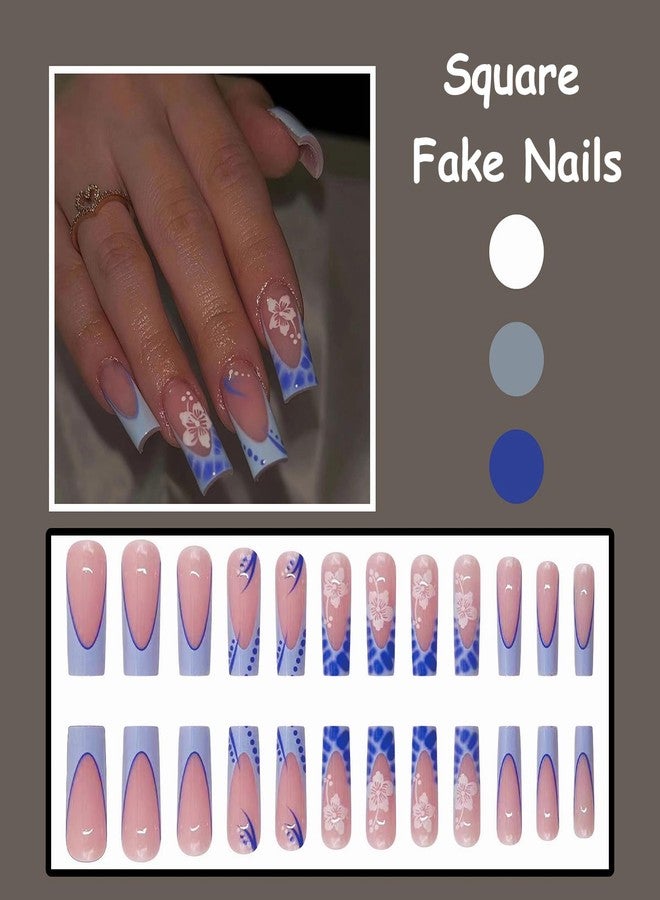 ميسود أظافر MISUD اللاصقة - أظافر مربعة طويلة بطرف فرنسي أزرق، تصميم زهور صيفية من الأكريليك، 24 قطعة - Image 5